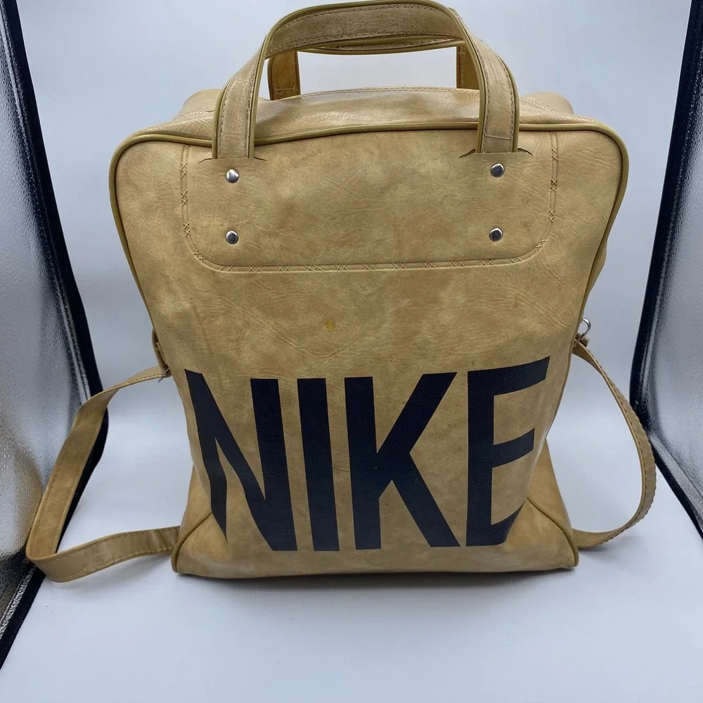 Vintage Nike Large Duffel Bag Tan Faux Leather Retro Sport Travel PDX Collect Y2